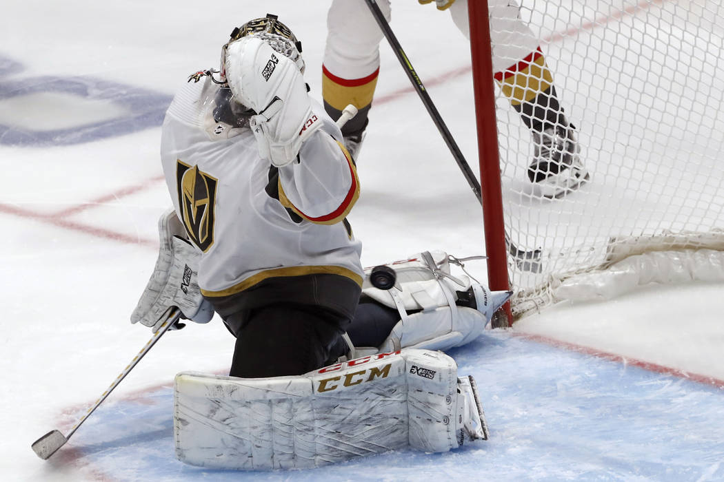 Vegas Golden Knights goaltender Malcolm Subban gives up a goal to New York islanders' Brock Nel ...