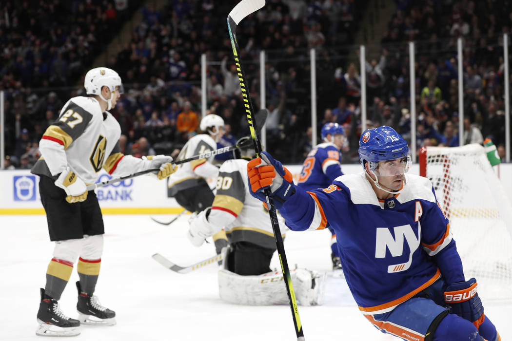 New York Islanders right wing Cal Clutterbuck (15) reacts after scoring a goal on Vegas Golden ...