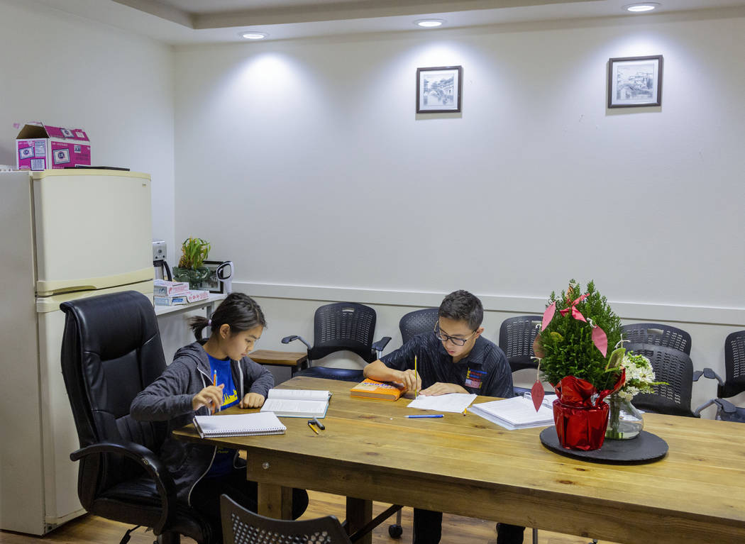 UNLV students Shenmei Wu, 13, left, and Shenlone Wu, 12, work on math proofs for fun at their p ...