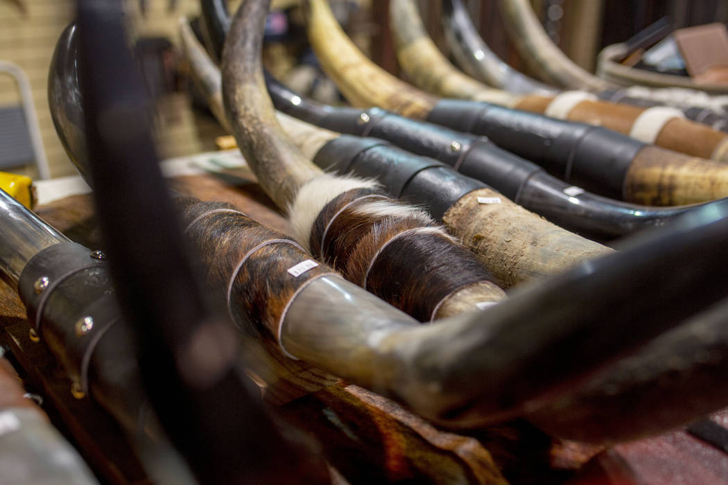 Mounted steer horns available for purchase at the M. P. & K. D. Horn and Leather Shop booth ...