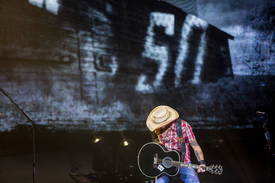 Jason Aldean performs at the Park MGM's Park Theater in Las Vegas on Friday, Dec. 6, 2019. (Eli ...