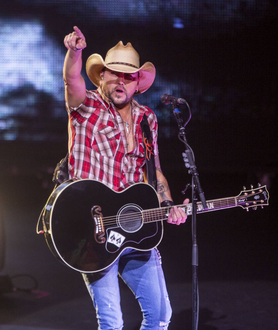 Jason Aldean performs at the Park MGM's Park Theater in Las Vegas on Friday, Dec. 6, 2019. (Eli ...