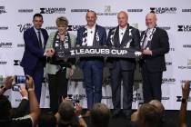 From left: Commentator Hercules Gomez, Las Vegas Mayor Carolyn Goodman, Major League Soccer Pre ...