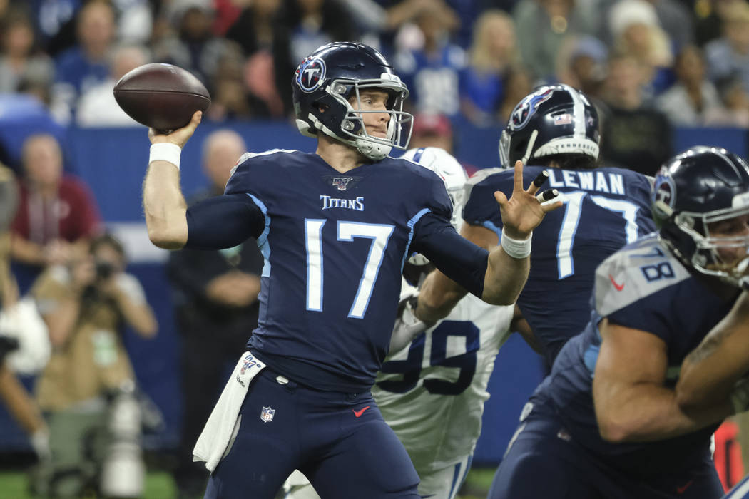 Tennessee Titans quarterback Ryan Tannehill (17) throws against the Indianapolis Colts during t ...