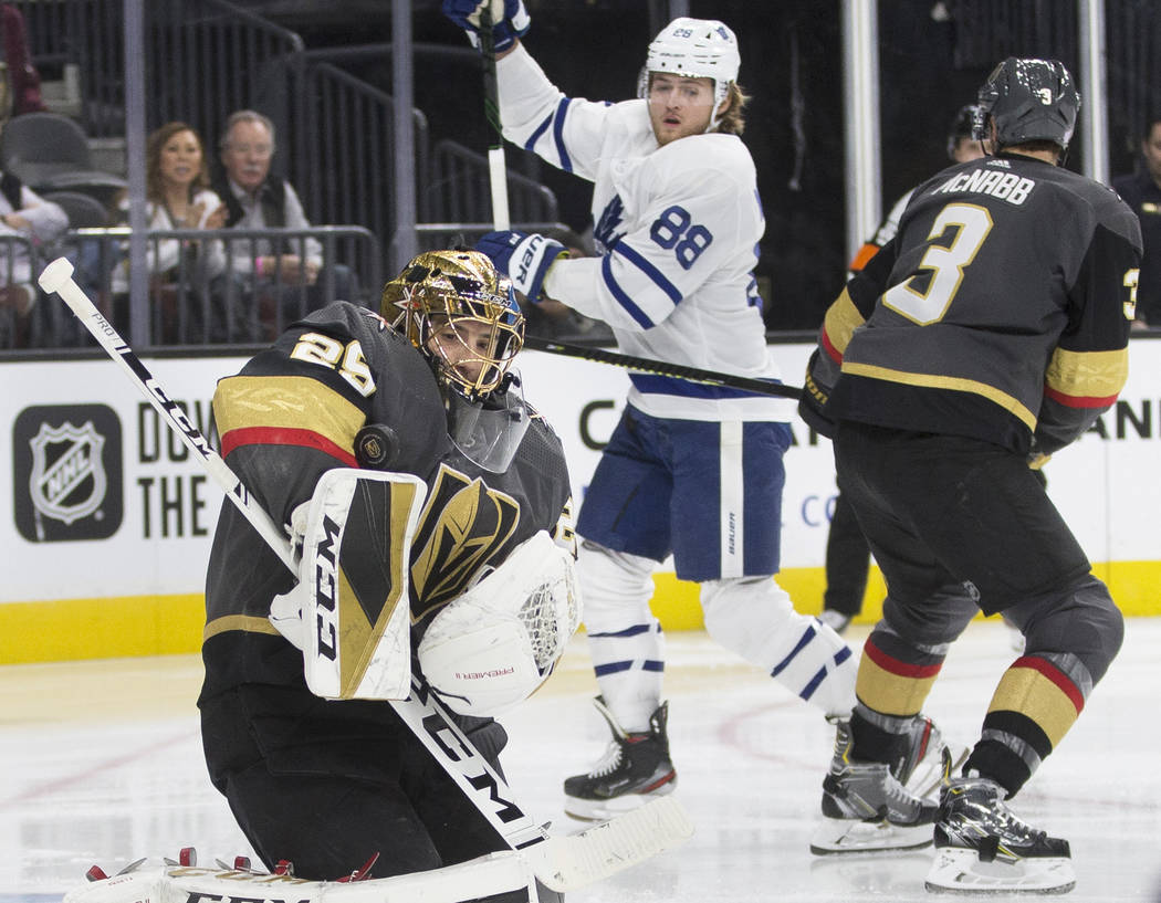 Vegas Golden Knights goaltender Marc-Andre Fleury (29) makes a save against Toronto Maple Leafs ...