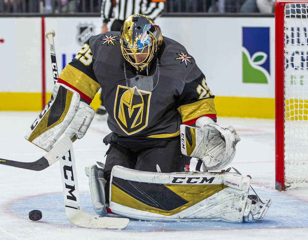 Vegas Golden Knights goaltender Marc-Andre Fleury (29) stops another shot on goal by the Anahei ...
