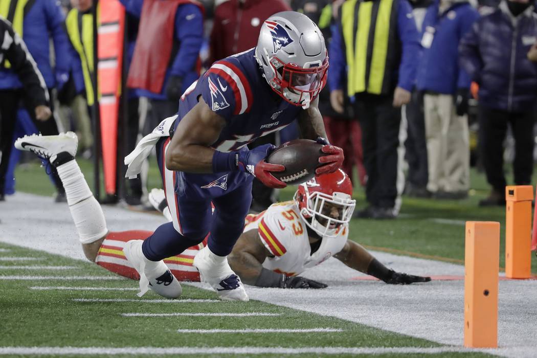 New England Patriots wide receiver N'Keal Harry runs for the goal line after catching a pass ag ...