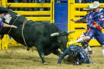 Daylon Swearingen of Rochelle, Georgia, is taken down by Hot And Ready as bullfighters attempt ...