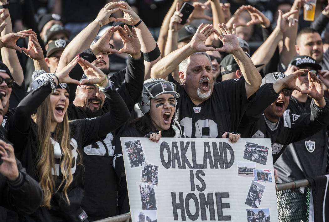 Raiders fans cheer for Oakland during an NFL football game with the Jacksonville Jaguars at the ...