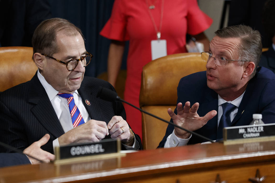 House Judiciary Committee Chairman Rep. Jerrold Nadler, D-N.Y., left, listens to ranking member ...