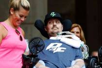 FILE - In this Sept. 5, 2017, file photo, Pete Frates, right, who inspired the ice bucket chall ...