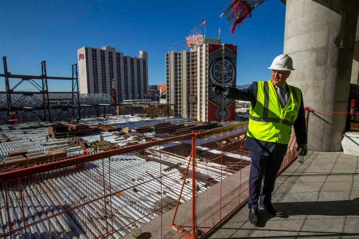 Developer Derek Stevens gives a tour of the pool area during a construction update of the Circa ...