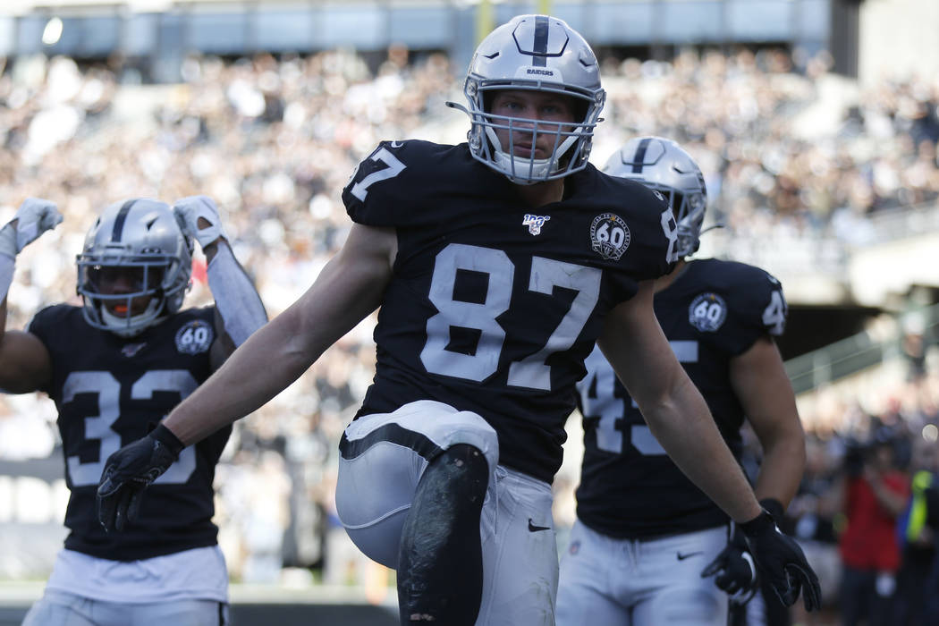 Oakland Raiders tight end Foster Moreau (87) celebrates after scoring against the Tennessee Tit ...