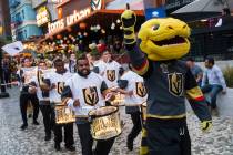 Golden Knights mascot Chance participates in a pregame parade at The Park outside of the New Yo ...