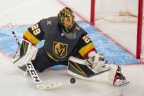 Golden Knights goaltender Marc-Andre Fleury (29) makes a stop during the first period of Game 4 ...