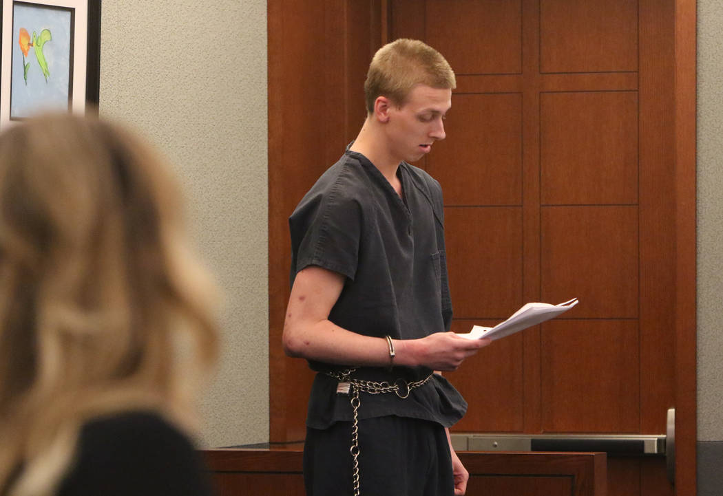 Kody Harlan, convicted in the June 2018 slaying of Matthew Minkler, 17, reads his statement to ...