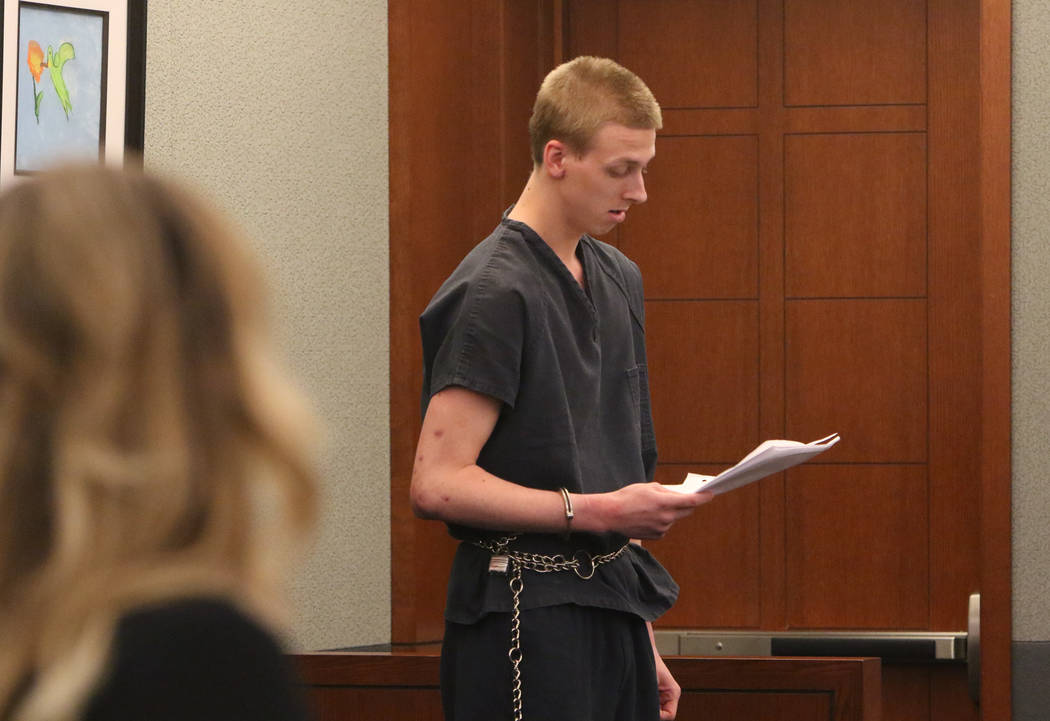Kody Harlan, convicted in the June 2018 slaying of Matthew Minkler, 17, reads his statement to ...