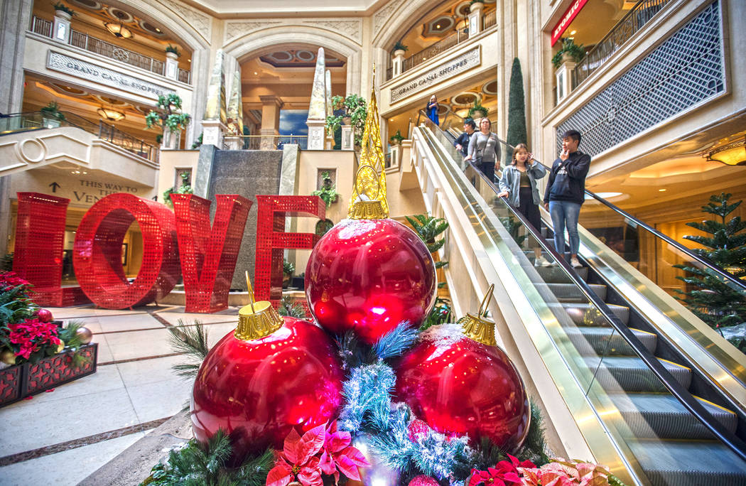 Holiday decorations at the waterfall atrium on Tuesday, Dec. 10, 2019, at The Venetian, in Las ...