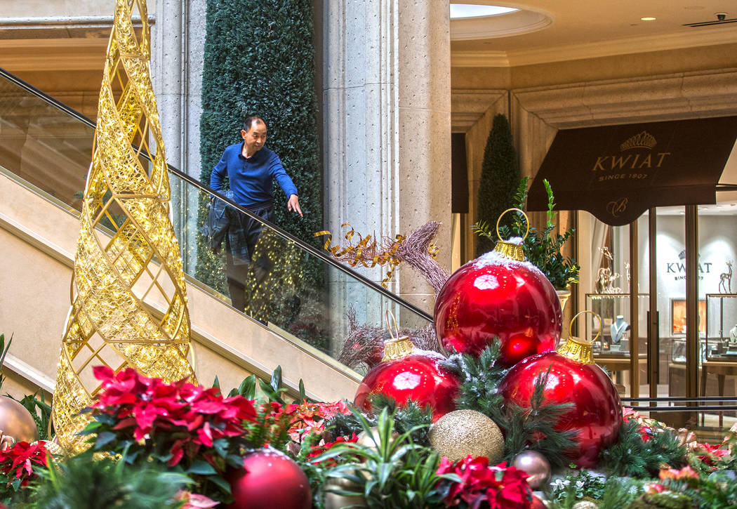 Holiday decorations at the waterfall atrium on Tuesday, Dec. 10, 2019, at The Venetian, in Las ...