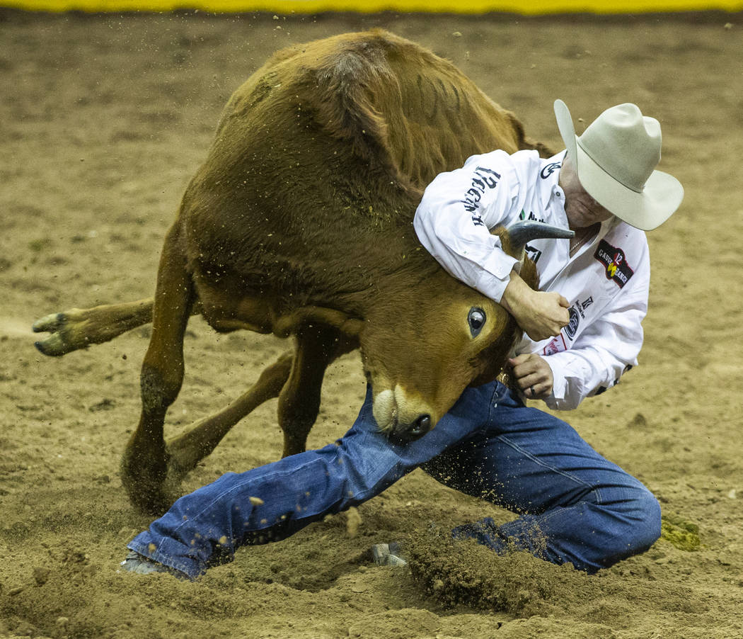 Tyler Waguespack of Gonzales, La., takes control in Steer Wrestling during a first-place run of ...