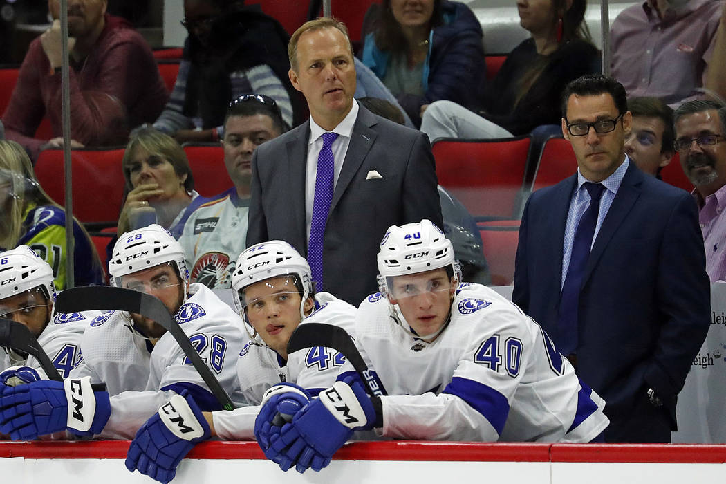Tampa Bay Lightning head coach Jon Cooper watches play during the third period of an NHL presea ...