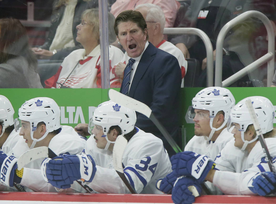 Toronto Maple Leafs head coach Mike Babcock during the third period of an NHL hockey game again ...