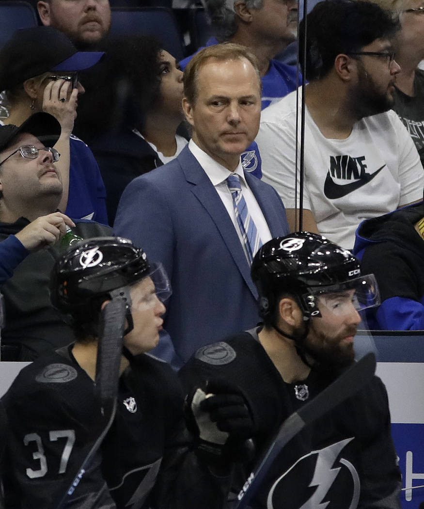 Tampa Bay Lightning head coach Jon Cooper during the third period of an NHL hockey game against ...