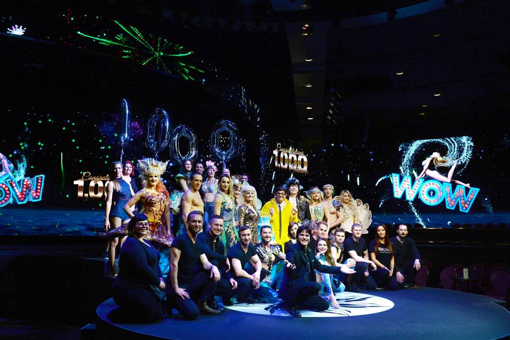 The cast of "Wow" is shown at the Rio as the show celebrated its 1,000th performance on Tuesday ...