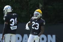 Oakland Raiders cornerbacks Nick Nelson (23) and Isaiah Johnson (31) get ready to drill during ...