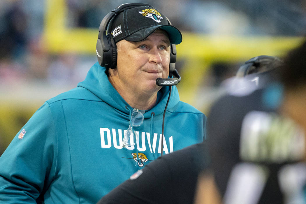 Jacksonville Jaguars head coach Doug Marrone paces the sidelines during the first half of an NF ...