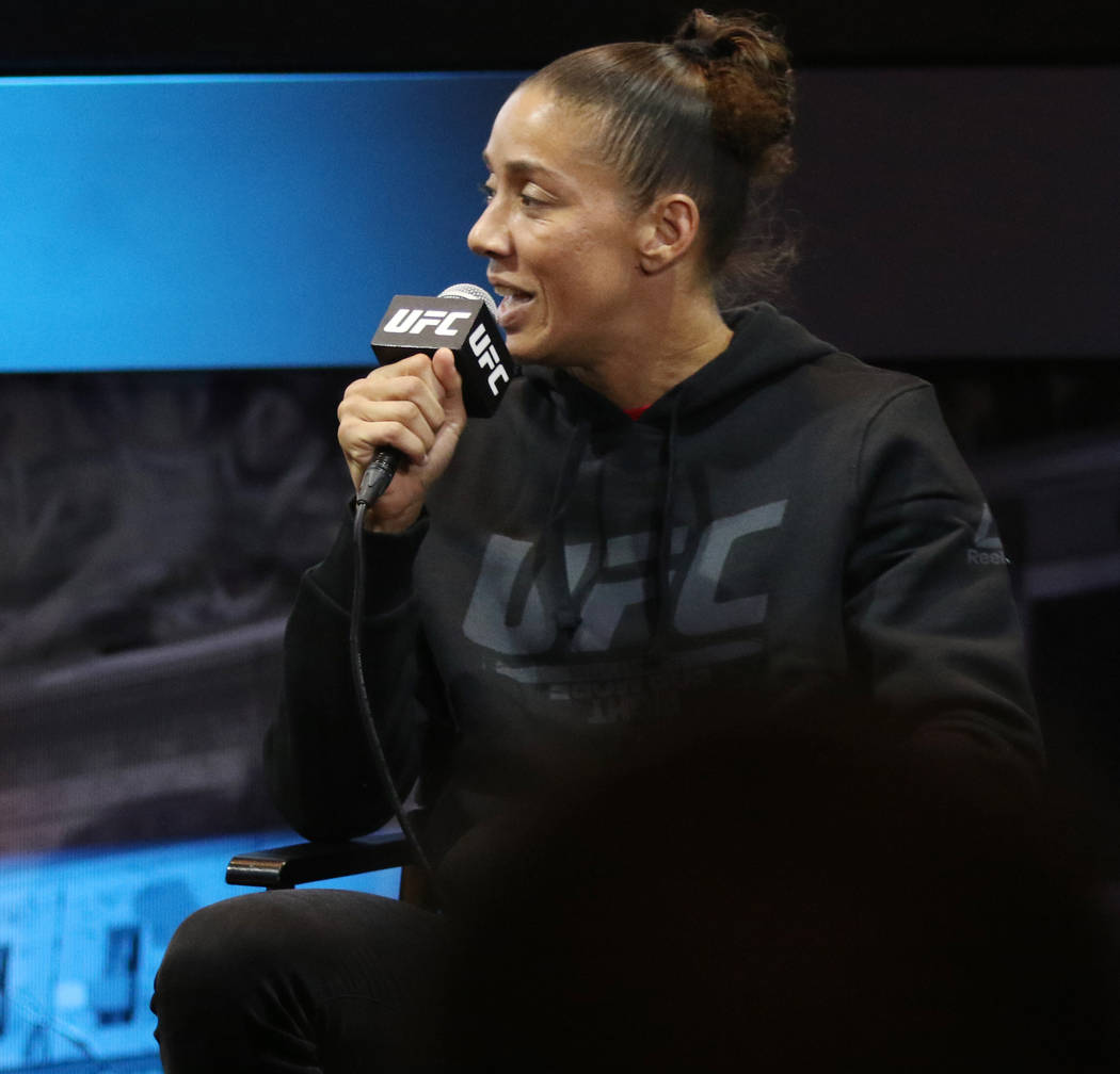 Germaine de Randamie speaks during a UFC 245 media event at the MGM Grand hotel-casino in Las V ...