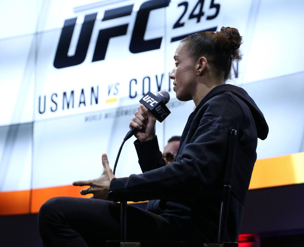 Germaine de Randamie speaks during a UFC 245 media event at the MGM Grand hotel-casino in Las V ...