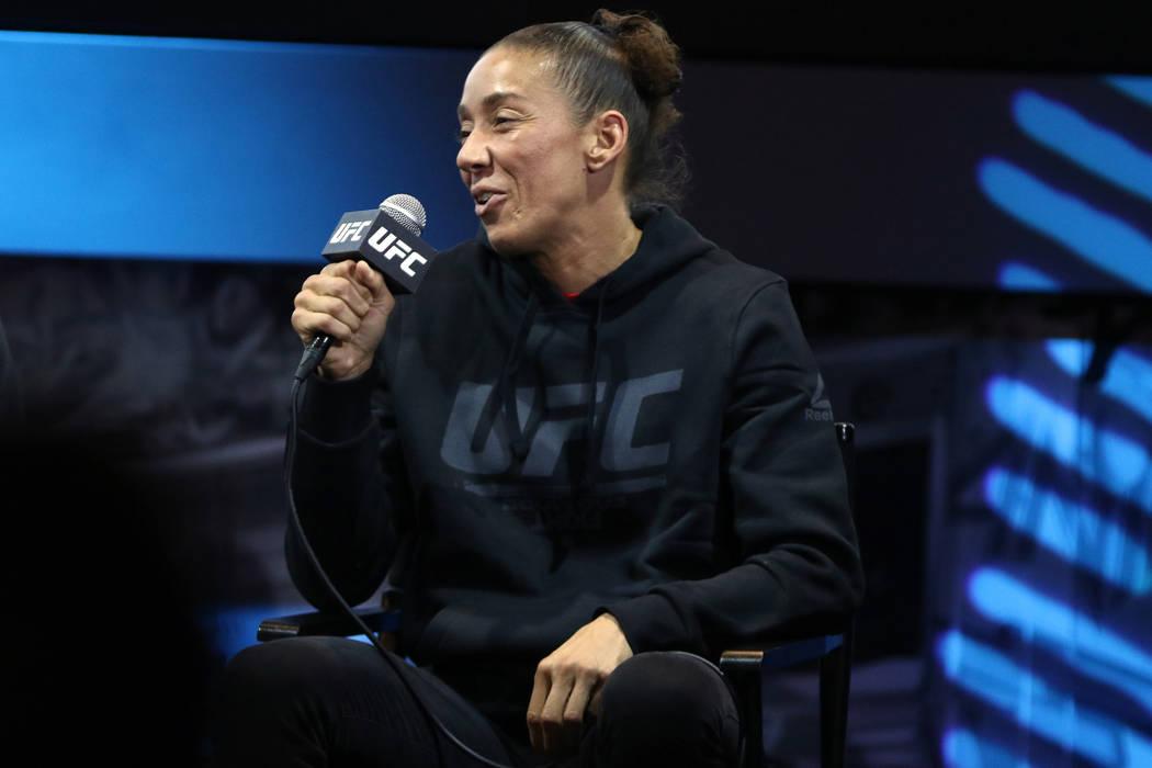 Germaine de Randamie answers questions during a UFC 245 media event at the MGM Grand hotel-casi ...