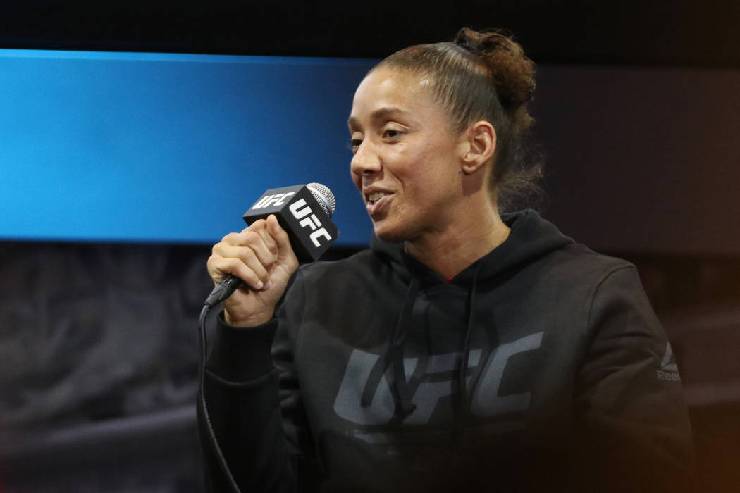 Germaine de Randamie speaks during a UFC 245 media event at the MGM Grand hotel-casino in Las V ...