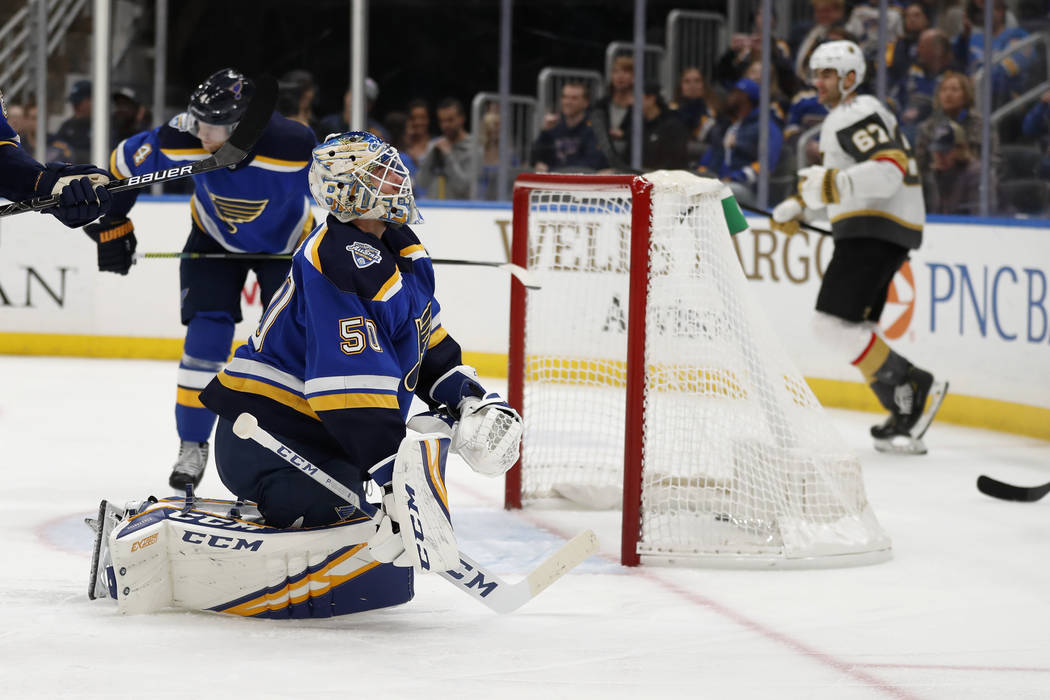 St. Louis Blues goaltender Jordan Binnington (50) reacts after giving up a goal to Vegas Golden ...