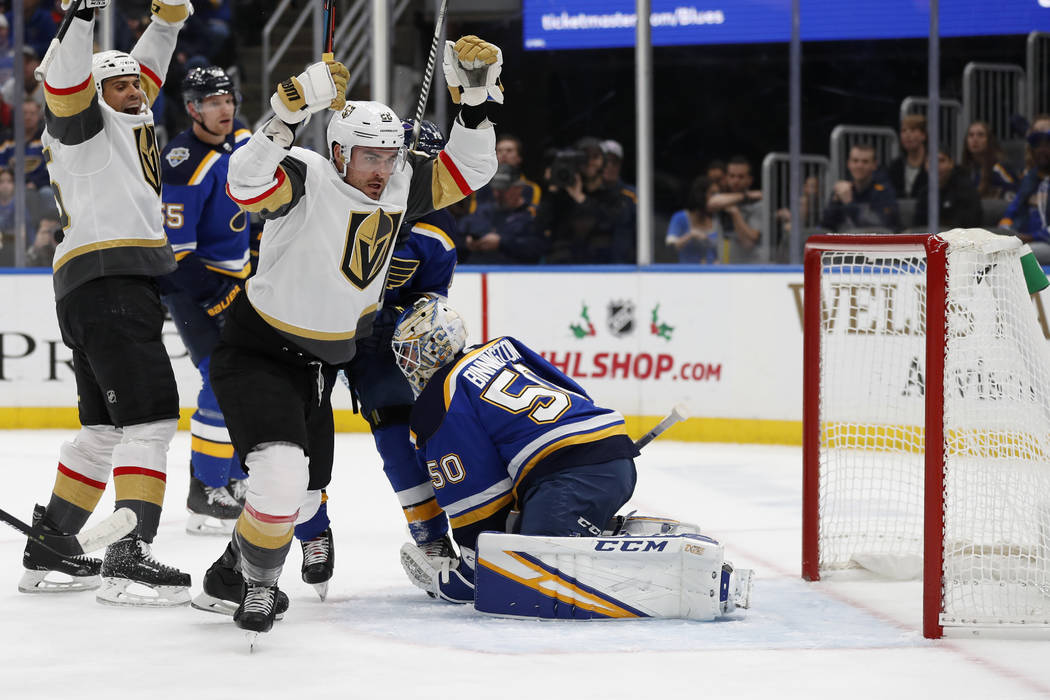 Vegas Golden Knights' William Carrier (28) celebrates after scoring past St. Louis Blues goalte ...