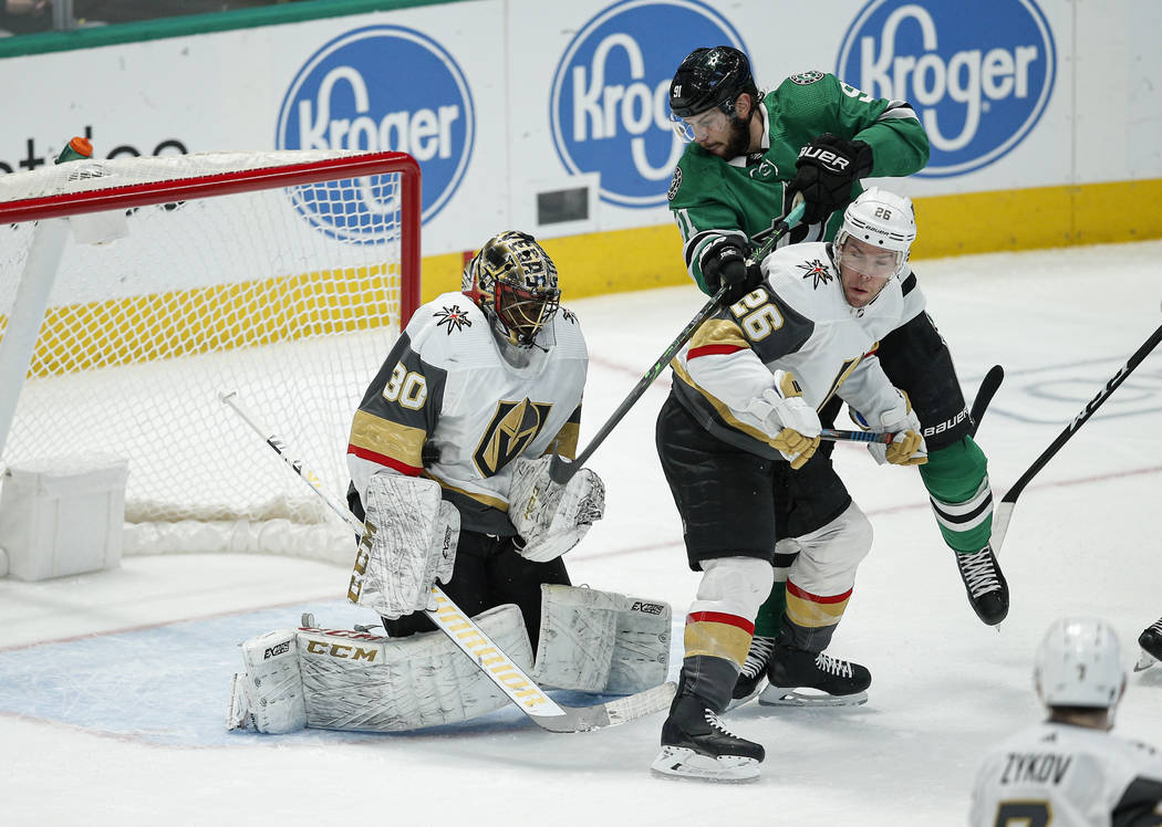 Dallas Stars forward Tyler Seguin (91) attempts to deflect a shot as Vegas Golden Knights goalt ...