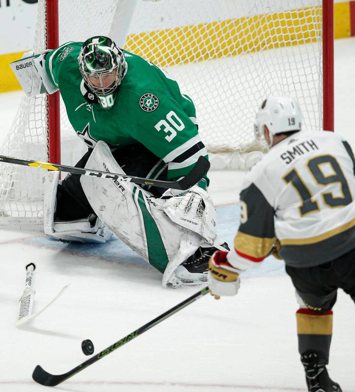 Vegas Golden Knights forward Reilly Smith (19) attempts a shot as Dallas Stars goaltender Ben B ...