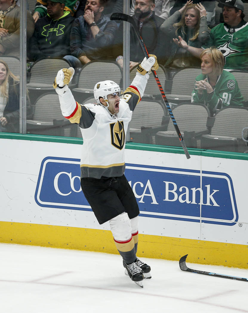 Vegas Golden Knights forward Max Pacioretty (67) celebrates scoring the game winning goal in ov ...