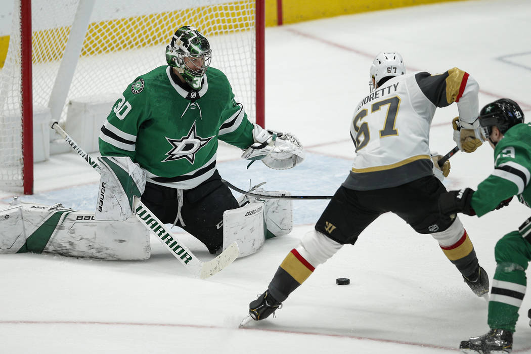 Vegas Golden Knights forward Max Pacioretty (67) scores the game winning goal as Dallas Stars g ...