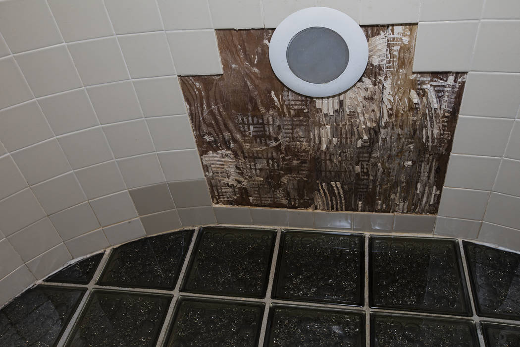 Tiles have fallen from the leaking ceiling in the guest bathroom of John and Mary Bodimer's ren ...