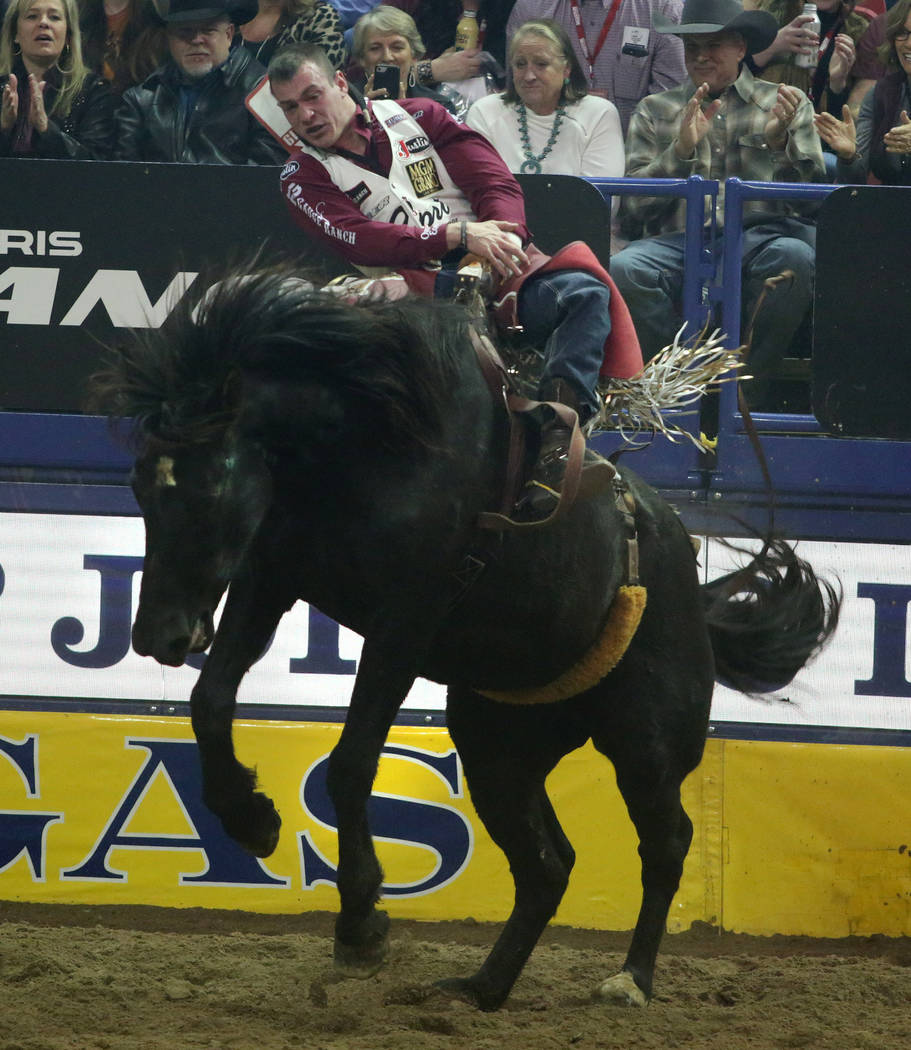 Tim O'Connell of Zwingle, Iowa rides Nutrena's Bad Influence during Bareback Riding in the eigh ...