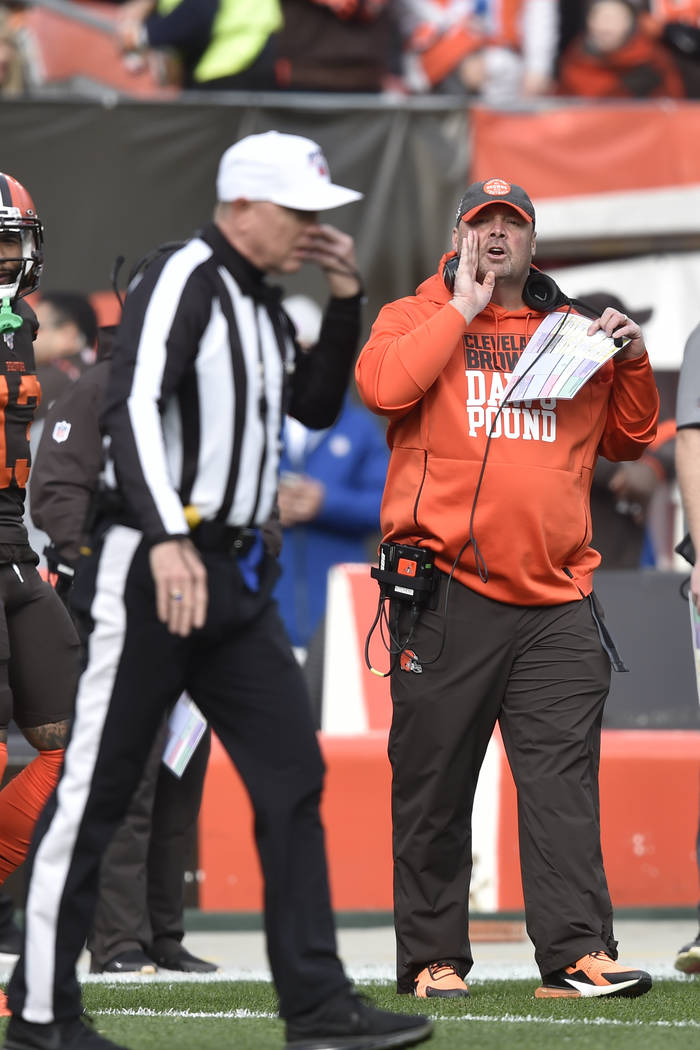 Cleveland Browns head coach Freddie Kitchens yells at an official during the first half of an N ...