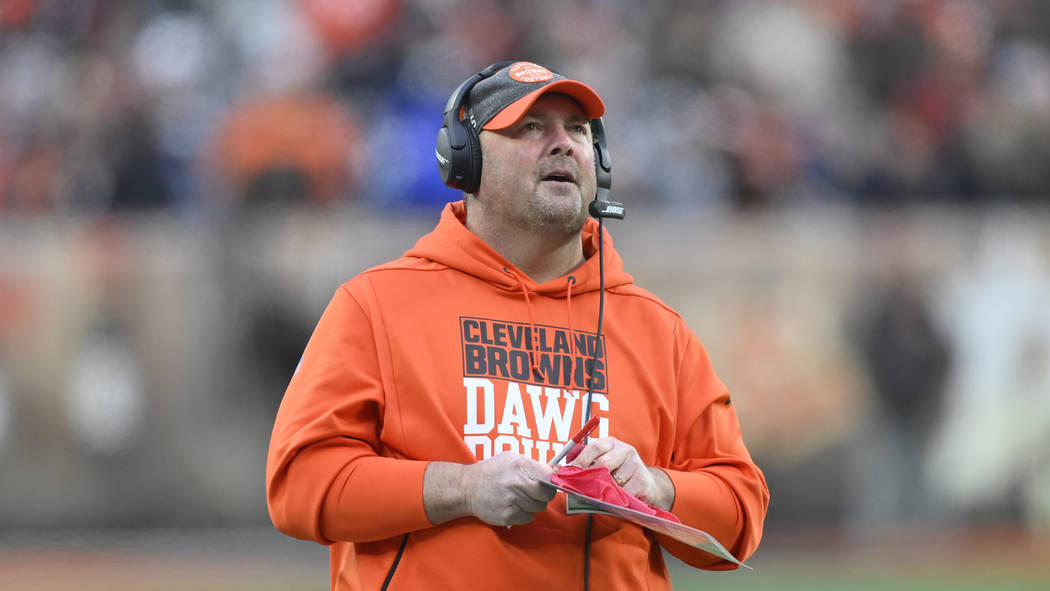 Cleveland Browns head coach Freddie Kitchens reacts during an NFL football game against the Cin ...