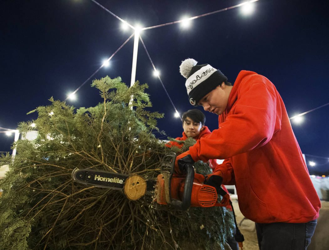 Phoenix Dante, right, and Lincoln Shorter make a fresh cut to the trunk of a Christmas tree on ...