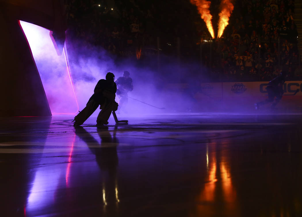 Golden Knights goaltender Malcolm Subban skates onto the ice before taking on the Winnipeg Jets ...
