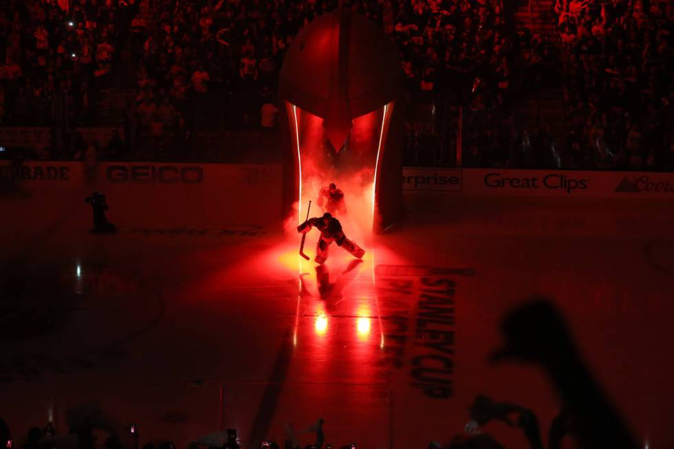 Vegas Golden Knights players take the ice for Game 4 against Winnipeg Jets in the Western Confe ...