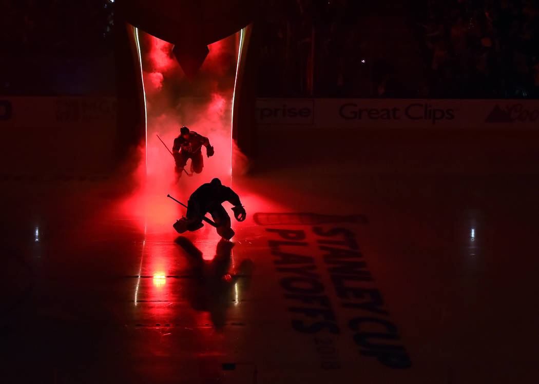 The Vegas Golden Knights take the ice before the start of Game 3 Winnipeg Jets in the NHL Weste ...