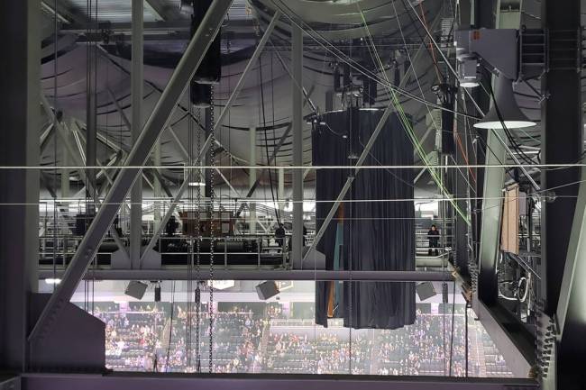 Elvis suspended above the ice at T-Mobile Arena as seen from the rafters. (Rochelle Richards/La ...
