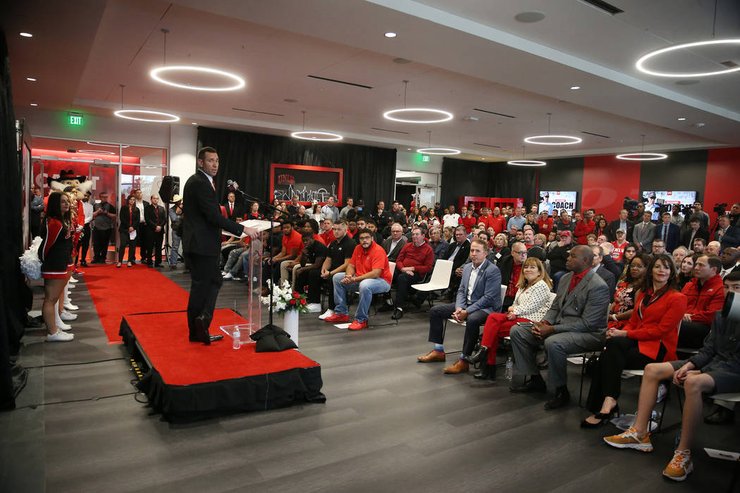 UNLV's new football head coach Marcus Arroyo speaks during a press conference at UNLV's Fertitt ...